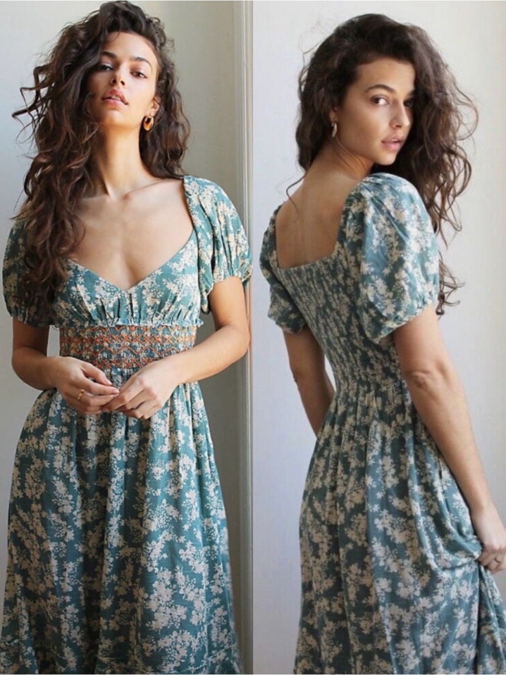 Free People Dress Women Small Sage Green Floral Puff Milkmaid Smocked Cottagecor